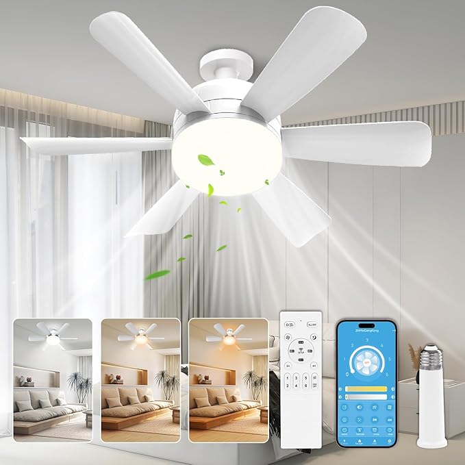 Yoobao Socket Fan Light with Remote, 17.7 inch Small Ceiling Fan with Lights LED, 6 Speeds Dimmable 3 Color Temperatures, E26/E27 Base, Ceiling Light Fan for Bedroom, Kitchen, Garage