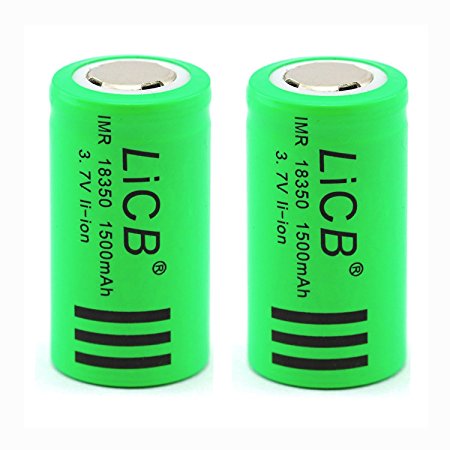 LiCB IMR 18350 Battery 2PCS 1500mAh Lithium Rechargeable 3.7V High Drain Flat Top