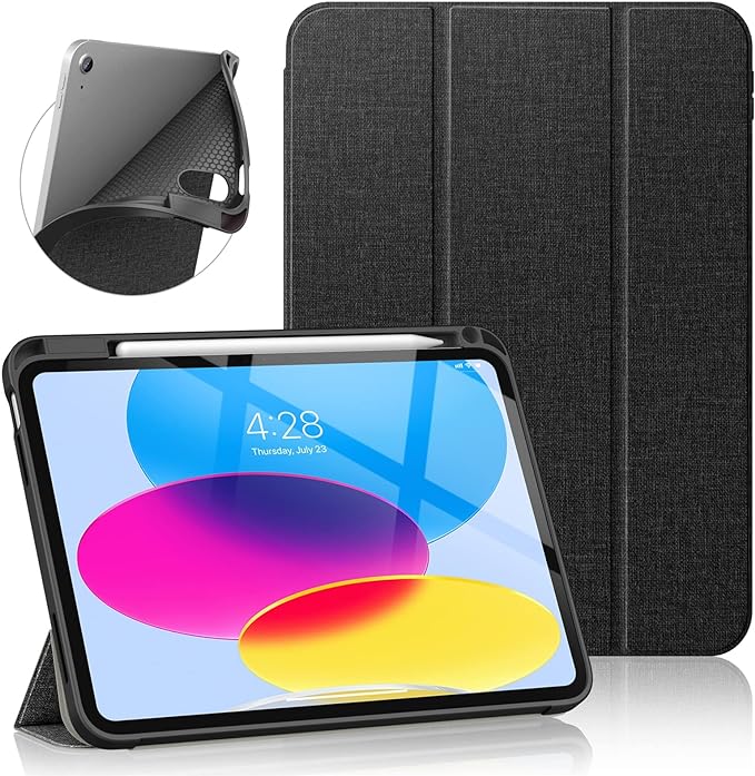 Soke iPad 10th Generation Case 2022 with Pencil Holder (10.9-inch)- Premium Shockproof Case [Auto Sleep/Wake] with Soft TPU Back Cover & Slim Trifold Stand for iPad 10.9 Inch,NewBlack