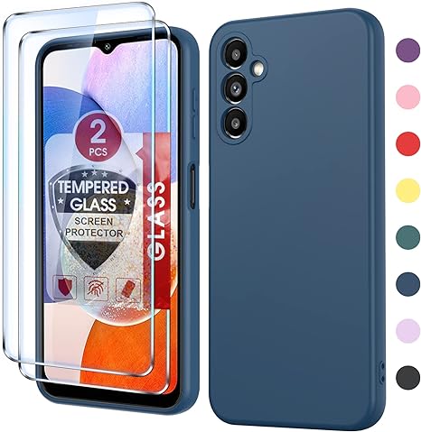 LeYi for Samsung A14 5G Case: Galaxy A14 Case with 2 Pack Tempered Glass Screen Protector for Women Men, Liquid Silicone Slim Silky-Soft Protective Phone Case Galaxy A14 5G, Blue