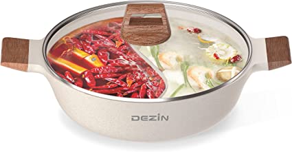 Dezin 5-QT Double-flavor Shabu Shabu Pot with Divider, Dual Sided Nonstick Hot Pot, 12 Inch Divided Hotpot Pot for Induction Cooktop, Gas Stove & Hot Burner, Soup Ladle Included