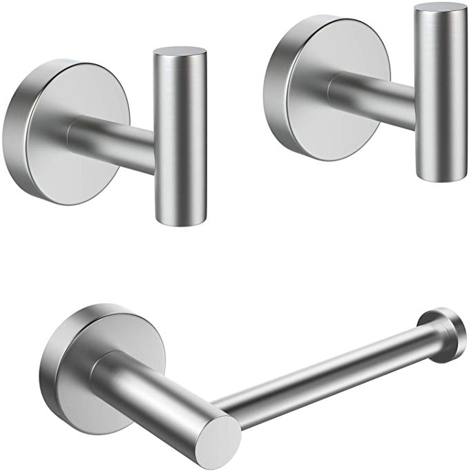 Brushed Nickel Toilet Paper Holder and Bathroom Towel Hook, Bathroom Hardware Set Silver 3-Pieces SUS304 Stainless Steel Round Wall Mounted Coat Robe Towel Hooks for Bathrooms Kitchen Garage Hotel