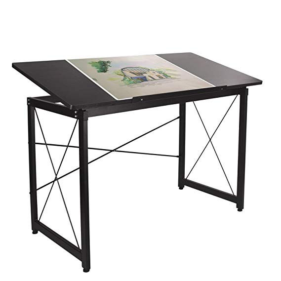 H&A 47"x 24" Tiltable Drawing Desk Drafting Table Wood Surface Craft Station Versatile for Painting Writing Studying and Reading (Black)