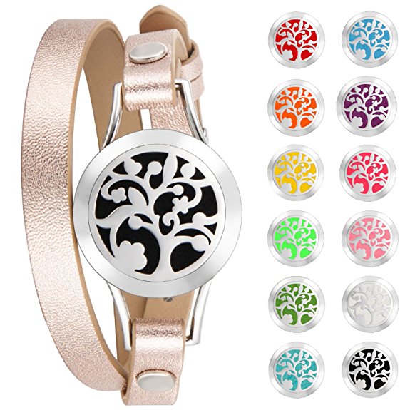 Tree of Life Aromatherapy Bracelet Essential Oil Diffuser Hypoallergenic 316L Surgical Stainless Steel with Adjustable Genuine Leather Rose Gold Bracelet and 12 Different Color Pads