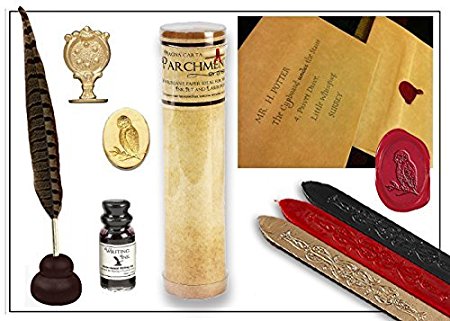 Harry Potter Quill & Ink Wizard's Writing Bundle with Parchment Paper & Owl Sealing Wax Seal Stamp