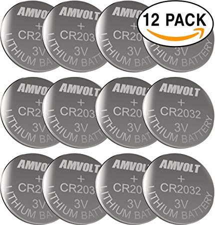12 Pack AmVolt CR2032 Battery 220mAh 3 Volt Lithium Battery Coin Button Cell 2023 Expiry Date