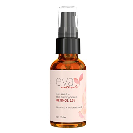 Retinol Serum 2.5% by Eva Naturals (1 oz) - Best Anti-Aging Serum, Minimizes Wrinkles, Helps Prevent Sun Damage, and Fades Dark Spots - Vitamin A Retinol with Hyaluronic Acid