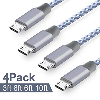 ONSON Micro USB Cable,4Pack 3FT/6FT/6FT/10FT Long Premium Nylon Braided Android Charger USB to Micro USB Charging Cable Samsung Charger Cord for Samsung (GrayWhite)