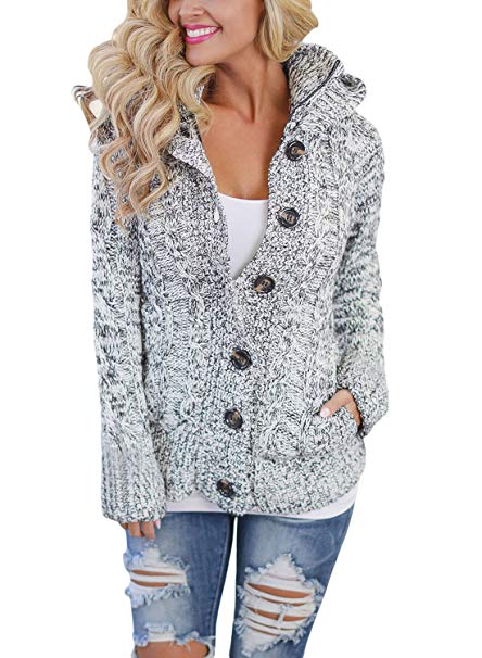 Asvivid Womens Hooded Cable Knit Button Down Outwear Fleece Sweater Cardigans Coats Pockets