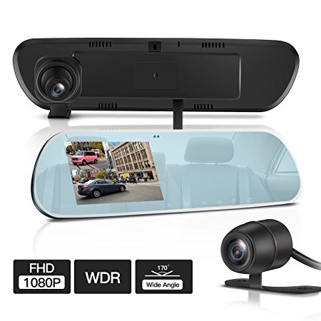 TryAce T9P Dual Dash Cam,FHD 1080P Rearview Mirror Backup Camera 4’’ IPS Screen With G-Sensor,WDR,Loop Recording, Super Nights Vison Rear View Reverse Front and Rear Car Dash Camera