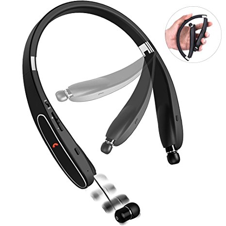 Bovon Bluetooth Headphones, Wireless Neckband Headset [20 Hours Playtime] Noise Cancelling Stereo Earphones with Mic Sweat proof Sport Headphones Foldable Design & Retractable Earbuds (Black)