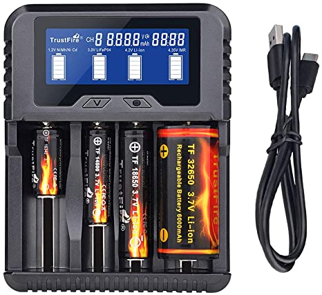 TrustFire 26650 18650 Smart Battery Charger 4 Bay Cig Fast Charger QC3.0 Type-C Intelligent USB Port for Rechargeable Batteries Li-ion 10440 14500 16340 18350 22500 32650 Ni-Mh(NiCd) AA AAA AAAA C.D