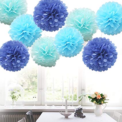 iShyan 18pcs Tissue Hanging Paper Pom-poms, Flower Ball Wedding Party Outdoor Decoration Premium Tissue Paper Pom Pom Flowers Craft Kit (Royal Blue Shade)
