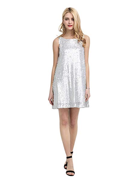 HaoDuoYi Womens Sparkly Sequin Sleeveless Scoop Neck Sexy Club Mini Shift Dress