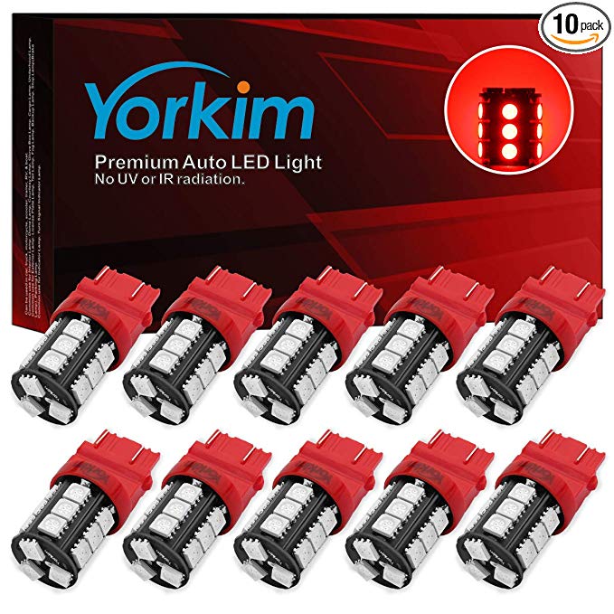 Yorkim Super Bright 3157 LED Light Bulbs Red, 3056 3156 3156A 3057 4057 3157 4157 T25 LED Bulbs for Brake Lights, Backup Reverse Lights， Reverse Tail Lights - Pack of 10