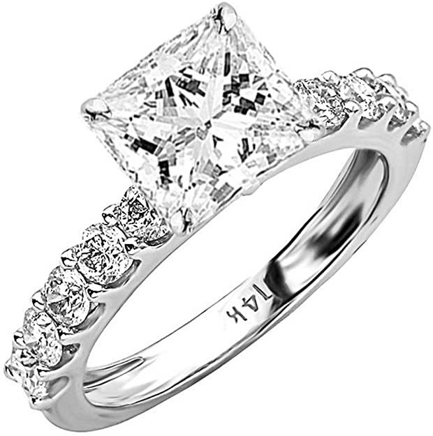 2 Carat 14K White Gold Classic Side Stone Prong Set GIA Certified Princess Cut Diamond Engagement Ring w/a 1 Ct J-K Color SI1-SI2 Clarity Center