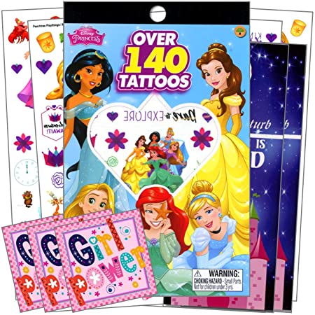 Temporary Tattoos for Kids - Assorted Temporary Tattoos Bundle Includes Separately Licensed GWW Reward Stickers & Door Hangers (Disney Princess)