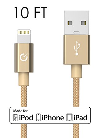 Volts 10ft Lightning Cable to USB [Apple MFi Certified] Charger w/ Ultra Compact Connector Head for Apple iPhone 7 / 6 / 5 / 6s Plus, iPod, iPad & more (3 meter - Gold)