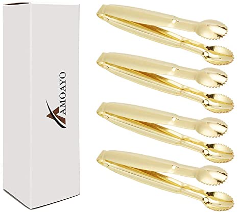AMOAYO Sugar Cube Tongs Set of 4 Stainless Steel Mini Ice Tongs 4 Inch Gold