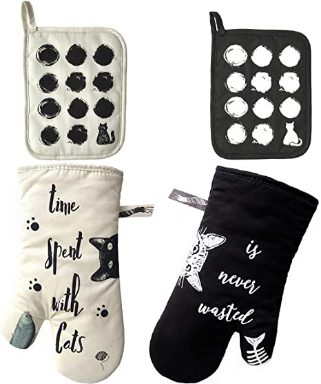 GREVY Cotton Oven Mitts and Pot Holders 4 PCS Kitchen Set,Cats Print (Ivory Black 4-Packs)