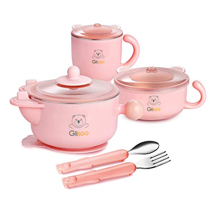 BPA Free Baby Feeding Set, Feeding Bowl with Lid, Salad Bowl, Milk Cup,Spoon and Fork for 6m  Toddlers,316 Stainless Steel,Gift Set Tableware Set by Glisoo(Pink)