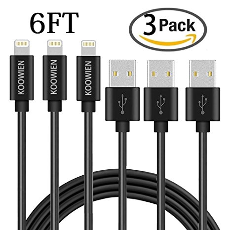 iPhone Charger, KOOWIEN 3Pack 6ft Extra Long 8pin Lightning Cable USB Charging Cord for for Apple iPhone 7/7 Plus/6/6s Plus/SE/5/5s/5c, iPad mini/Air/Pro, iPod touch/nano (Black)