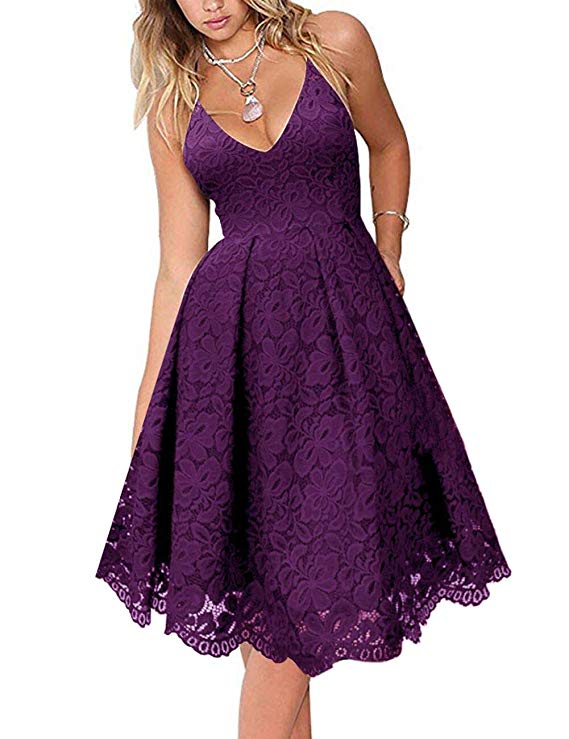 MEROKEETY Women's Lace Floral V Neck Spaghetti Straps Backless Cocktail A-Line Dress for Party