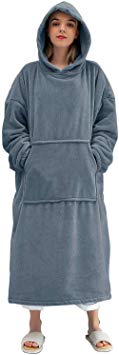 DANGTOP Wearable Blanket, Oversizd Hooded Flannel Blankets Sweatshirt, with A Large Front Pocket and Sleeves, Suitable for Adult Super Soft Cozy and Warm Blanket Dark Grey (Dark Grey, Adult Size)