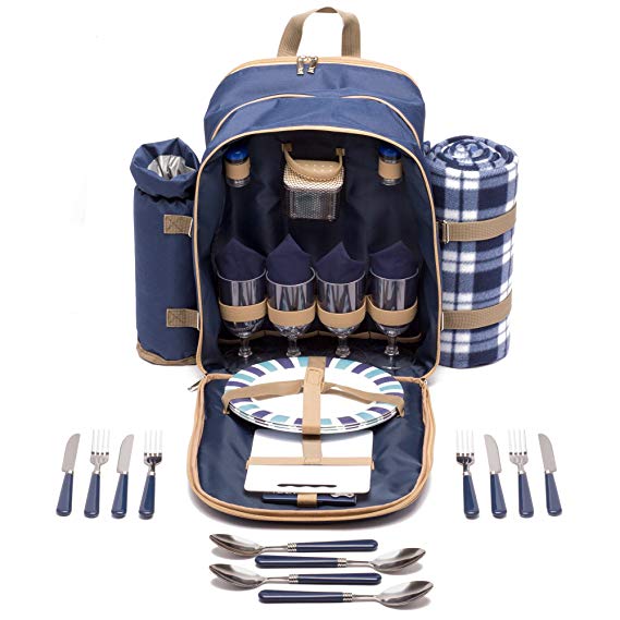 Andrew James Picnic Hamper Backpack Bag for 4 People with Fleece Tartan Blanket and Cooler Compartment - 32 Piece Set including Plates Wine Glasses Cutlery - Perfect to Use with Picnic Baskets