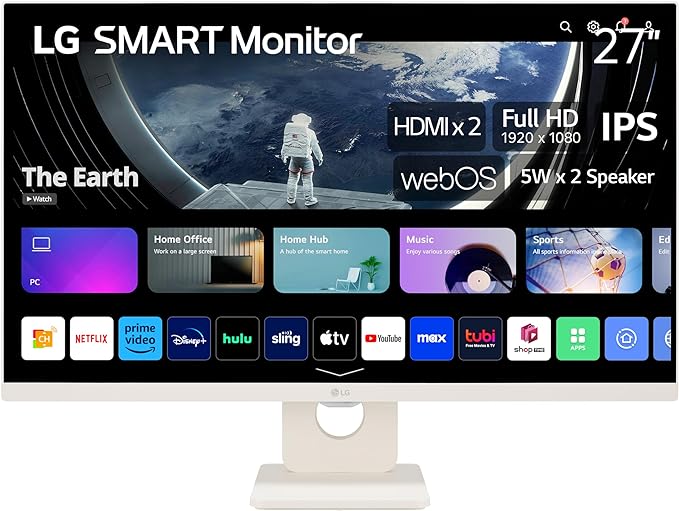 LG 27SR50F 27-inch Smart FHD IPS Monitor, webOS 23, HDR10, Airplay 2, Screen Share, Bluetooth, 5Wx2 Stereo Speaker, Tilt Stand (HDMI, USB Type-A), 2023