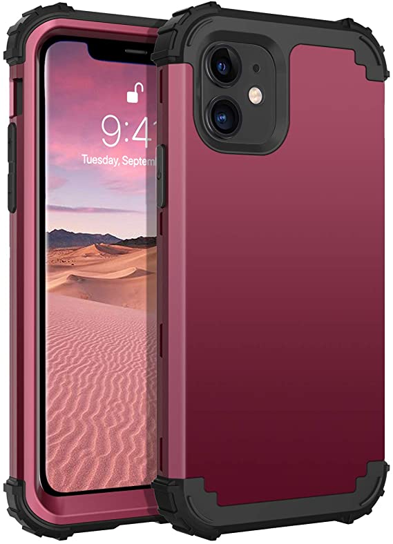 BENTOBEN iPhone 11 Case, iPhone 11 Phone Case, 3 in 1 Heavy Duty Rugged Hybrid Soft Silicone Bumper Hard PC Cover Impact Resistant Shockproof Protective Cases Cover for Apple iPhone 11 6.1", Wine Red