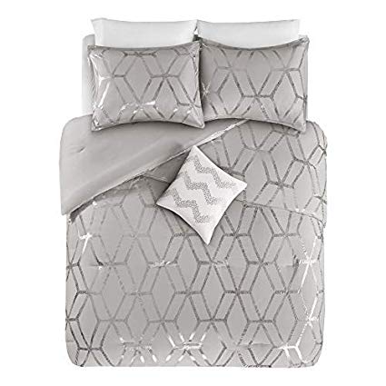 Comfort Spaces Ultra Soft 4 Pieces Full/Queen Comforter Set - [Gray, Silver] - Metallic Brushed Microfiber and Goose Down Alternative Comforter for All Season