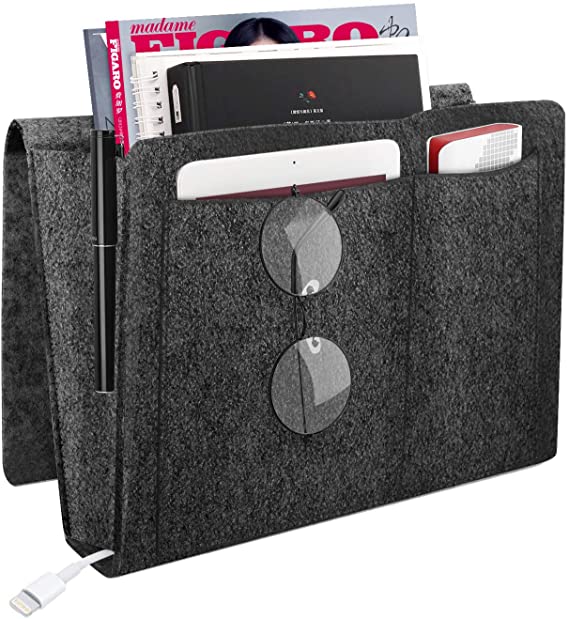 MoKo Bedside Caddy, Soft Felt Bed Hanging Storage/Organizer with Pockets, Magazine Phone Tablet Tissue Holder, Convenient Open Bag for Bedroom, Living Room, Dorm Room, Sofa, Desk - Dark Gray