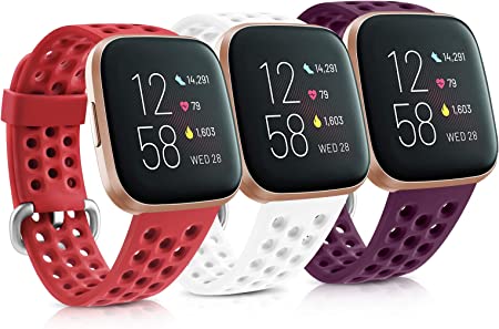 Vancle Silicne Bands Compatible for Fitbit Versa/Versa 2 / Versa Lite/Versa SE, Soft Silicone Sport Band Strap for Fitbit Versa Smart Watch Women Men Small Large (004, 3PC(Red White Purple), Small)