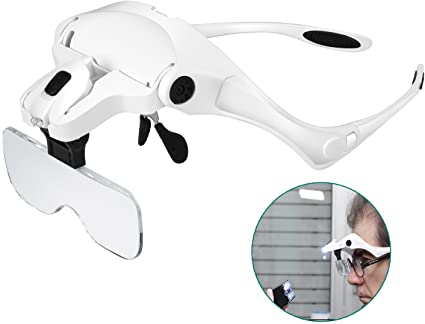 Rightwell Headband Magnifier Head Mount Magnifier Head-Worn 5 Different Acrylic Lenses with 2 LED Lighted