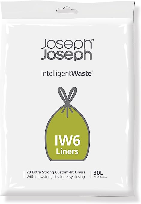 Joseph Joseph IW6 Bin Liners, General Waste Bags with Tie Tape Drawstring Handles, Extra strong, Grey, Pack of 20, 30 Lt/8 gallon