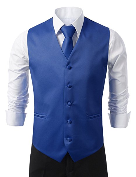 Brand Q 3pc Men's Dress Vest NeckTie Pocket Square Set for Suit or Tuxedo
