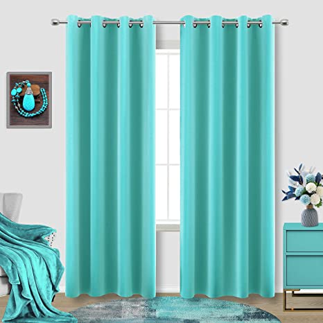 Turquoise Curtains 84 Inch Length for Living Room Set 2 Panels Grommet Window Drapes Insulated Thermal Light Blocking Room Darkening Blackout Curtains for Bedroom 52x84 Inches Long