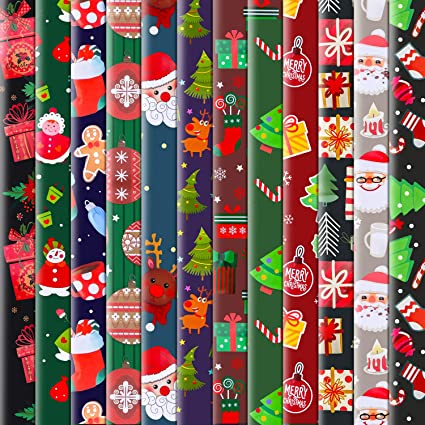 Konsait 12Pack Folded Large Sheets of Christmas Wrapping Paper Traditional Gift Wrap, Christmas Decoration,Xmas Festive Designs- Kids Snowman, Santa, Christmas Tree, Snowflake, Reindeer, 74 X 51cm