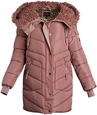 Jessica Simpson Women's Nylon Puffer Bubble Jacket with Fur Lined Oversized Hood