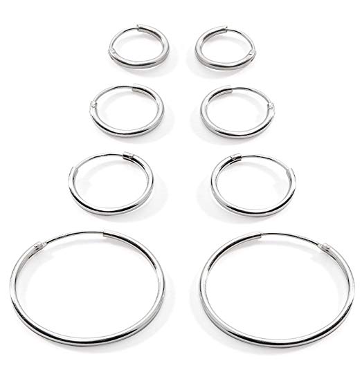 Silverline Jewelry 925 Sterling Silver Small Endless Hoop Earrings for Cartilage/Nose/Lips, 10mm, 12mm, 14mm & 24mm, 4-Pairs