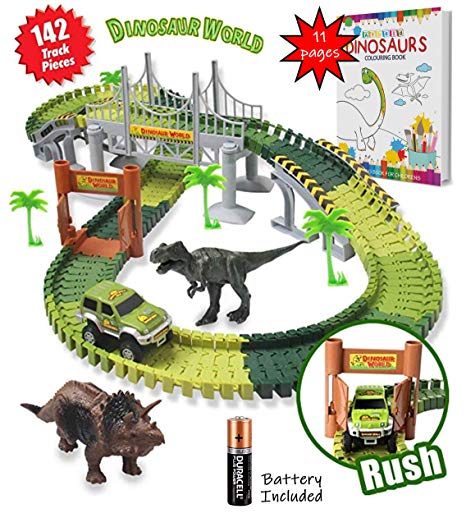 Dinosaur Toys - Slot Car Race Track Sets Jurassic World With Flexible Tracks 2 Dinosaurs Bridge   Coloring Book Create A Road 142 Pcs Car Track Toys Playset 1 2 3 Year Old Boys Girls Toddlers Gifts