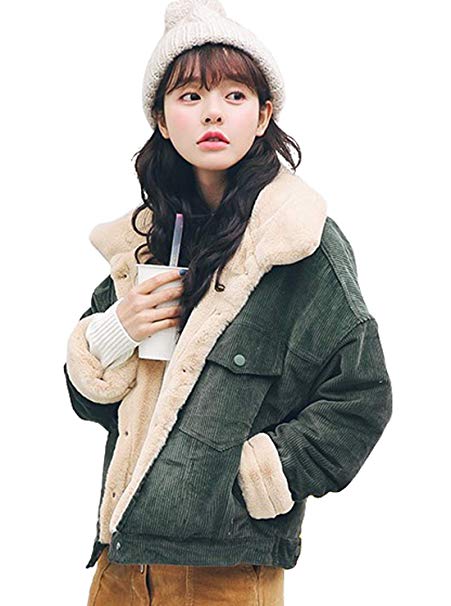 Chartou Women Winter Thicked Sherpa Lined Relaxed Fit Corduroy Trucker Jacket Coat