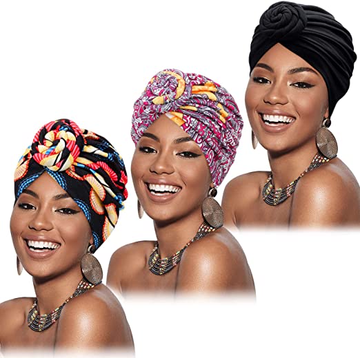 Mudder 3 Pieces African Turban for Women Pre-Tied Flower Knot Headwrap Beanie Bonnet Cap