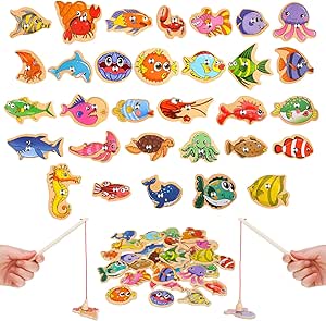 FANTESI 33 pcs Magnetic Fishing Game for Kids Wooden Fish Educational Toys Ocean Animal Games Magnets Learning Games with Fish Rod for Birthday Party Christmas Stocking Filler