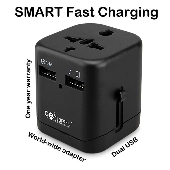 GoTrippin Premium Universal Travel Adapter with Dual USB Charger Ports and Smart Charging (Black), International Worldwide Charger Plug for Phone, Laptop, Camera, Tablet