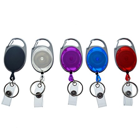 Specialist ID Premium Retractable Carabiner Badge Reels with Key Ring and Badge Strap (Pack of Five) (Assorted Colors)