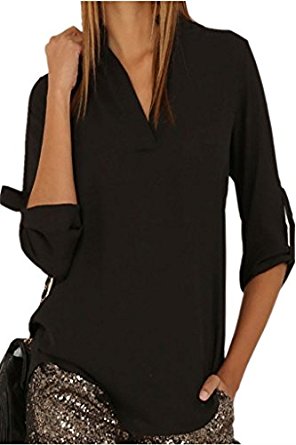 Dokotoo Womens Casual Chiffon Ladies V-Neck Cuffed Sleeve Blouse Tops (S-XXL)