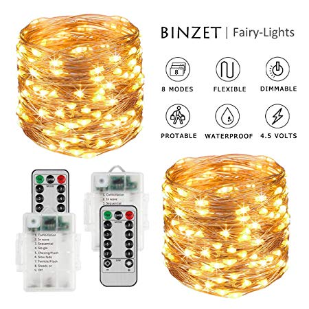 BINZET Fairy Lights Battery Operated - 32.8Ft 100LED Sliver Wire String Lights Waterproof 8 Modes LED Lighting String with Remote Control for Christmas Wedding Party Home, Warm White