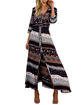 ZANZEA Women's Boho Floral Print V Neck 3/4 Sleeve Summer Loose Long Maxi Dress